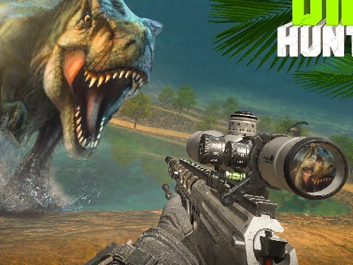 Image of a fearsome T-Rex in a dramatic standoff with a determined hunter in Sniper Dinosaur Hunting game.