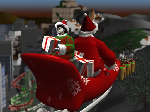 Image of Santa Claus soaring on his sleigh, gleefully hurling gifts into chimneys in a festive sky-high spree. ????✨