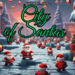 Image of an imaginary dream city populated by many Santas. In fact, there is the inscription The Dreaming City of Santas.