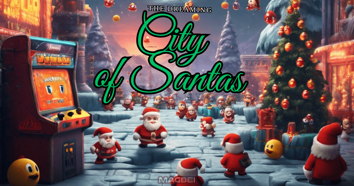 Image of an imaginary dream city populated by many Santas. In fact, there is the inscription The Dreaming City of Santas.