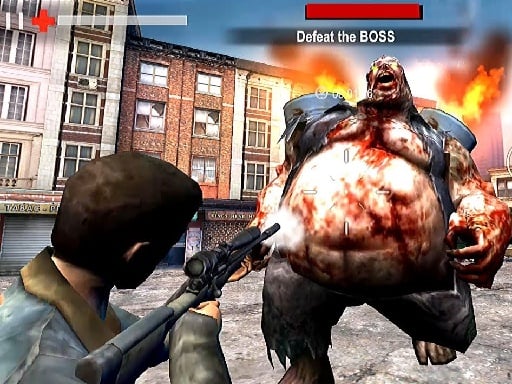 Image of the fearless character battling a menacing zombie in Dead City Zombie Invasion 2023.