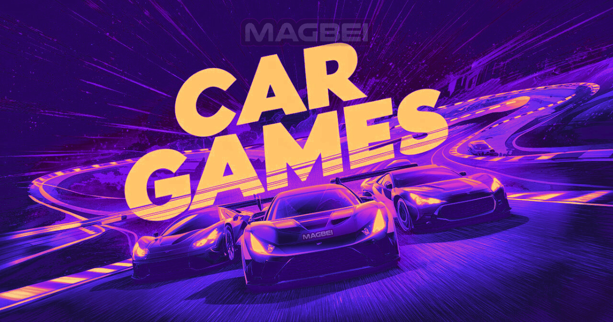 Image of colorful hypercars racing on a track with the words "car games" displayed prominently.