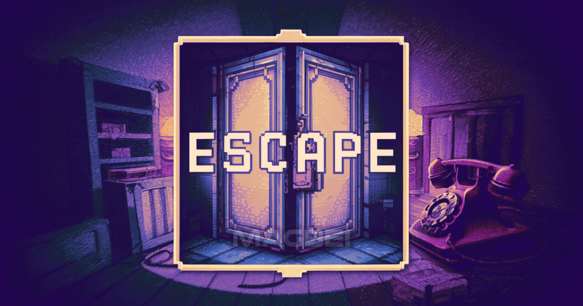 Image of a room with a vintage telephone and the word "ESCAPE" in bold text.
