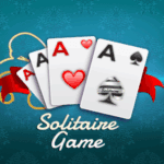 Four playing cards (Aces of Hearts, Spades, and Diamonds) with a red ribbon on a blue background – Classic Solitaire Cards Game illustration.