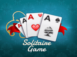 Four playing cards (Aces of Hearts, Spades, and Diamonds) with a red ribbon on a blue background – Classic Solitaire Cards Game illustration.