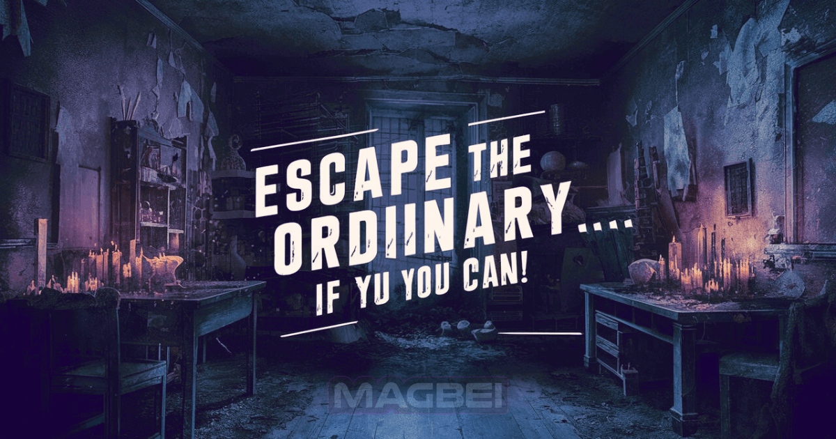 Image of a dimly lit, antique room. A heavy wooden door stands closed, and flickering candles cast eerie shadows. Text reads: "Escape the Ordinary... if you can."