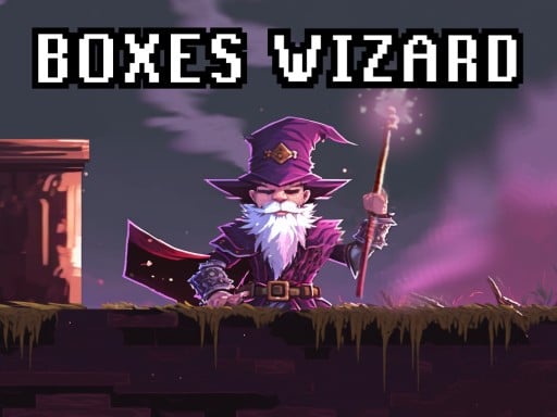 Image of the Boxes Wizard: a pixel art wizard in a simple robe, holding a wooden staff, ready to teleport and solve box-shifting puzzles.