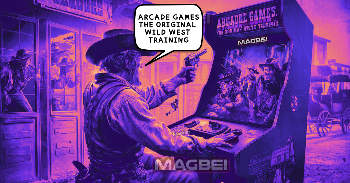Arcade Games Image of a grizzled cowboy, swapping his six-shooter for a joystick, discovering arcade games are the real Wild West showdown.
