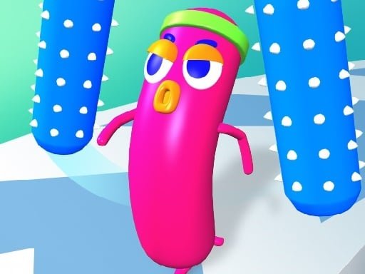 Image of a vibrant fuchsia sausage, dodging obstacles in a wacky 3D mini-game. Will this sassy sausage survive the Sausage Survival Master online?