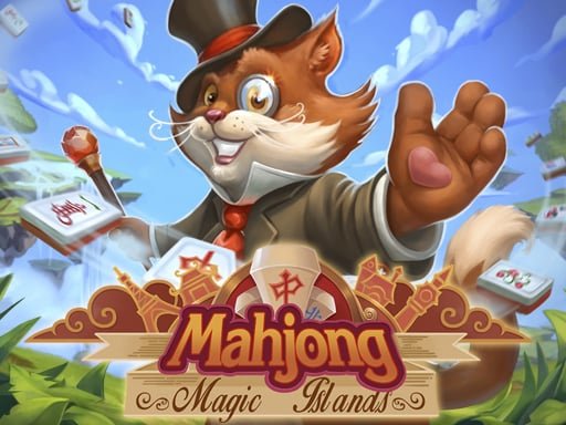Image of a dapper cat magician, wearing a top hat and holding a wand, offering guidance on how to play Mahjong Magic Islands.