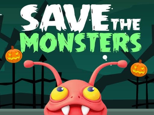 Image of a whimsical Halloween scene: a cute, dangling monster with big eyes pleads for help, while playful text above reads "Save the Monsters!"