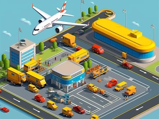Image of a bustling airport hub teeming with activity. Airplanes taxi and take off, sleek taxis zip through traffic, and airport buildings stand tall in the distance.