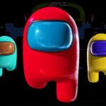 Image of four Among Us crewmates in various colors (red, yellow, blue, brown) running on a platform illuminated by neon lights. The game title "Among Us Night Race" is displayed at the top in glowing letters.