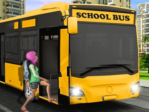 Image of a bright yellow school bus with black stripes, driving down a sunny city street.