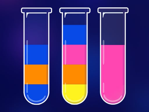 Image of three glass test tubes filled with different colored liquids. The first tube contains blue and orange, the second tube contains blue, pink, and yellow, and the third tube contains pink and black.