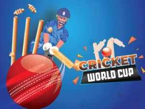 Image of a stylized Cricket World Cup logo, featuring bold red text on a white background with a cricket bat and ball graphic.