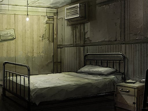 Image of a dimly lit, dilapidated bedroom in Granny House. A single bed with a rumpled blanket sits against a worn wooden wall, illuminated by a flickering lightbulb. A sense of unease and foreboding permeates the room.