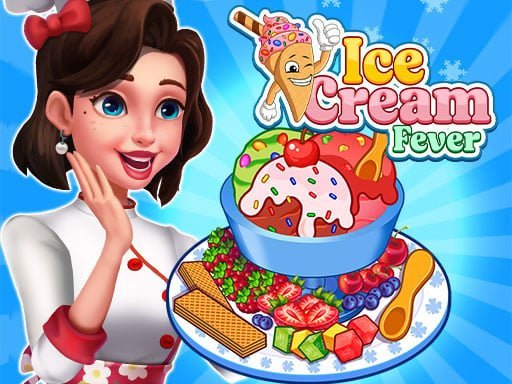 Image of a smiling ice cream shop owner, ready to serve colorful and delicious ice cream cones and sundaes in Ice Cream Fever game.