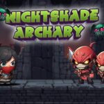 Image of a mobile game titled "Nightshade Archery." A masked archer stands on a stone platform, facing three red-clad enemies. Green bat-like creatures flank the game's logo.