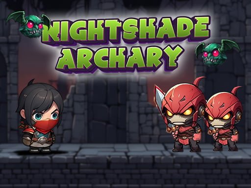 Image of a mobile game titled "Nightshade Archery." A masked archer stands on a stone platform, facing three red-clad enemies. Green bat-like creatures flank the game's logo.