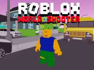 Image of a Roblox character, dressed in a blue shirt and green pants, standing on a suburban street in front of a yellow school bus, with the game title Roblox World Shooter displayed above.