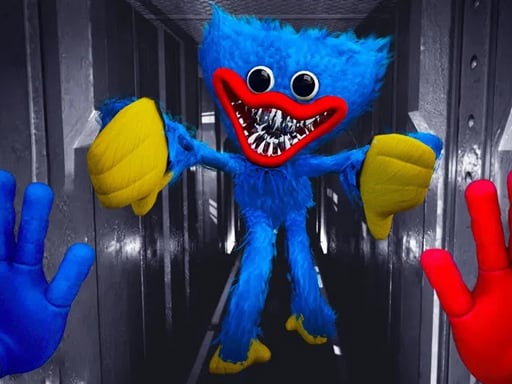 Image of Huggy Wuggy, the terrifying blue creature from the horror game Poppy Playtime, with a wide, menacing grin, outstretched arms, and mismatched hands in a dimly lit hallway.