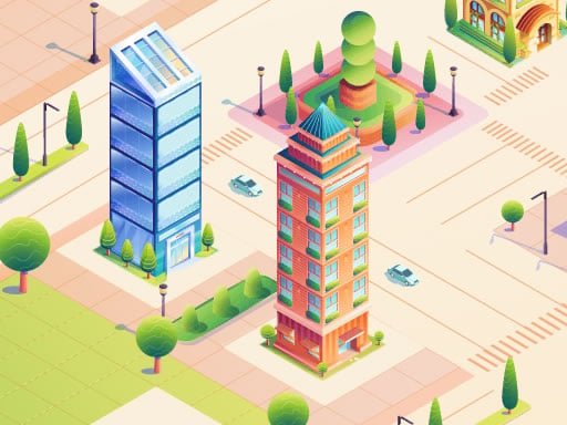 Image of a bustling cityscape from an isometric perspective, showcasing various colorful buildings, lush green trees, and streets filled with cars.