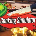 Image of a kitchen in chaos, with a knife slicing through a green bell pepper, splattering red sauce everywhere. A fire blazes in the background, hinting at the culinary mayhem that awaits in Cooking Simulator.