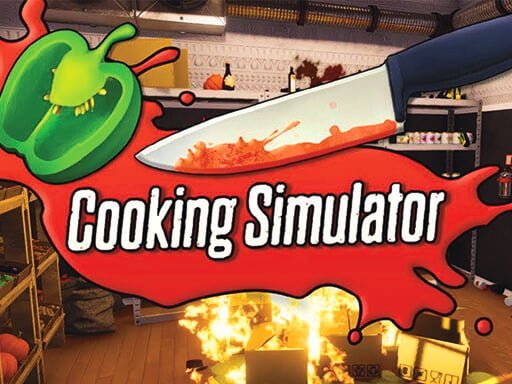 Image of a kitchen in chaos, with a knife slicing through a green bell pepper, splattering red sauce everywhere. A fire blazes in the background, hinting at the culinary mayhem that awaits in Cooking Simulator.