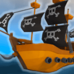 Image of a pirate ship with black sails bearing the Jolly Roger symbol. It has several cannons and is sailing on a blue ocean alongside another ship.