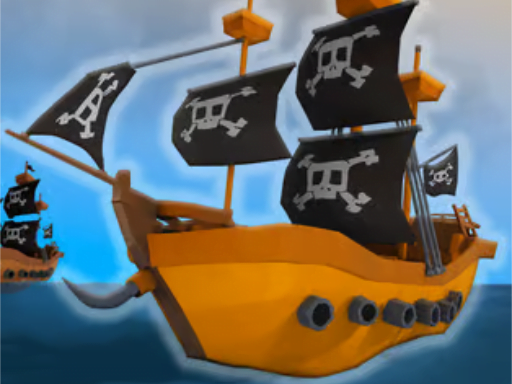 Image of a pirate ship with black sails bearing the Jolly Roger symbol. It has several cannons and is sailing on a blue ocean alongside another ship.
