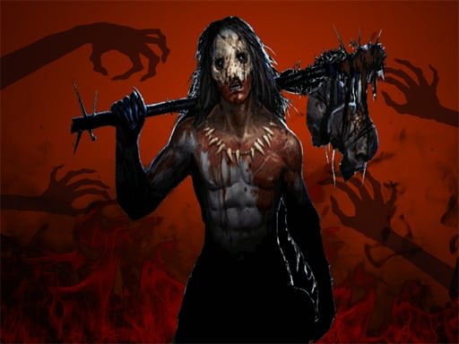 Image of a menacing, masked figure with a blood-stained weapon, standing amidst outstretched zombie hands in a fiery red background, from the horror game Zombie Escape: Horror Factory.