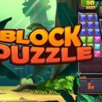 Image of the mobile game "Block Puzzle": A jungle scene with a game board filled with colorful jewel-like blocks. The game's title, "Block Puzzle," is displayed in bold, colorful letters.