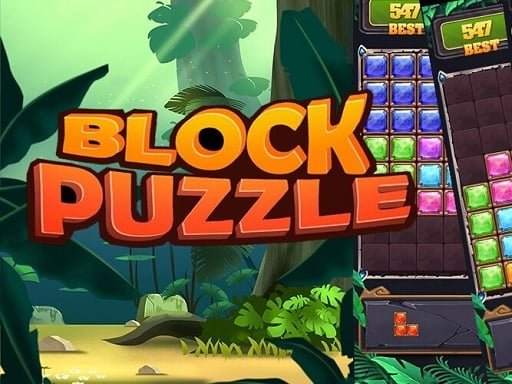 Image of the mobile game "Block Puzzle": A jungle scene with a game board filled with colorful jewel-like blocks. The game's title, "Block Puzzle," is displayed in bold, colorful letters.