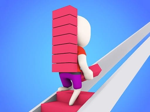 Image of a white, cartoon-like character carrying a stack of pink blocks up a set of stairs.