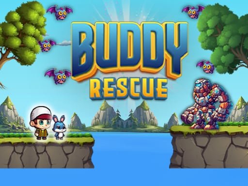 Image of the Buddy Rescue game title screen, featuring a boy and his animal buddy standing on a grassy cliff edge. They are facing right towards a large, menacing robot on a separate cliff with water between them. Flying purple bat-like creatures are visible in the sky above. The game's title, "Buddy Rescue," is prominently displayed in the center of the image.