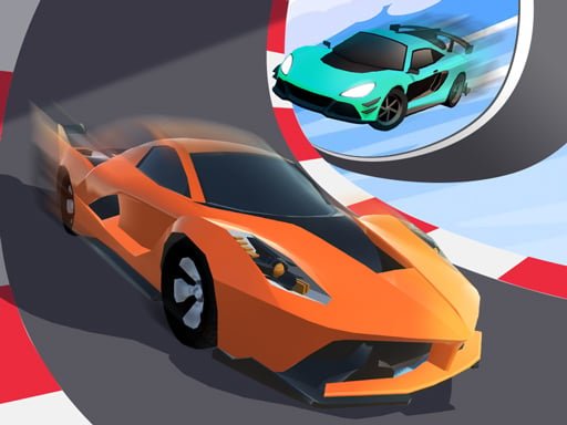 Image of an orange sports car racing a green sports car in a tunnel, both seemingly defying gravity as they drive on the curved walls.