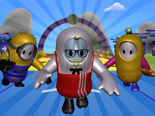 Image of three cartoon characters running on a blue track. The character in the foreground is a white bean-shaped creature with a red apron, a black mustache, and glasses. The character on the left is a yellow minion with blue overalls. The character on the right is a yellow bean-shaped creature with a green head and a red shirt.