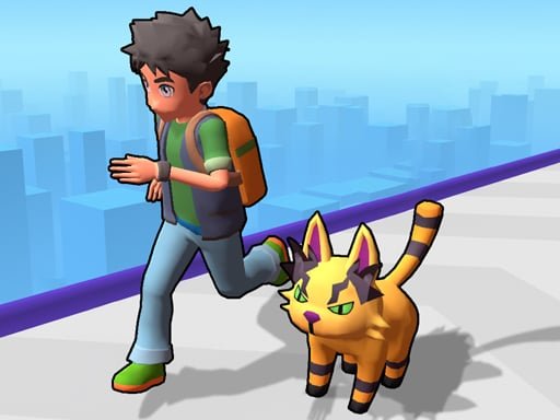 Image of a young boy with a backpack, running alongside a fierce-looking yellow and black cat-like creature, on a narrow path high above a city.