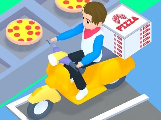 Image of a mobile game with colorful text that says "PIZZA" above a grid of cars and trucks. The background suggests a city environment.
