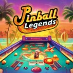 Image of a digital pinball game called Pinball Legends. The game has a beach theme, with palm trees, a sunset, and a pinball machine on a beach. The pinball table has a cartoon chef character on the backglass.