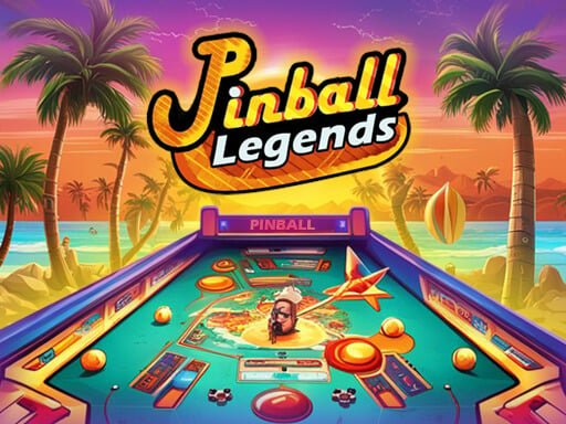 Image of a digital pinball game called Pinball Legends. The game has a beach theme, with palm trees, a sunset, and a pinball machine on a beach. The pinball table has a cartoon chef character on the backglass.