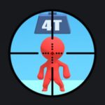 Image of a mobile game called Pocket Sniper. A red figure is in the crosshairs of a sniper scope. The figure is standing in front of a blue background, and there is a weight with "4T" written on it hanging above the figure's head.