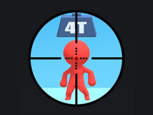 Image of a mobile game called Pocket Sniper. A red figure is in the crosshairs of a sniper scope. The figure is standing in front of a blue background, and there is a weight with "4T" written on it hanging above the figure's head.