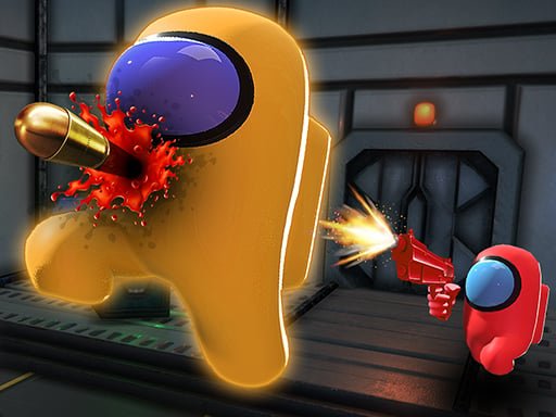 Image of a red character from Among Shooter Online shooting a bullet at a yellow character, showcasing the intense action and competitive gameplay.