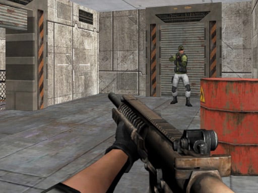 Image of First person perspective of a player aiming a gun in a dimly lit, industrial corridor. An armed enemy soldier stands guard in the distance.