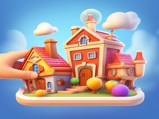 Image of a colorful and whimsical town with two cartoonish houses, featuring vibrant roofs and rounded windows, sitting on a small platform. A hand reaches out to interact with the town, suggesting playful and creative engagement in a puzzle-like environment. The scene is set against a bright, blue sky with fluffy clouds, capturing a lighthearted and fun atmosphere.