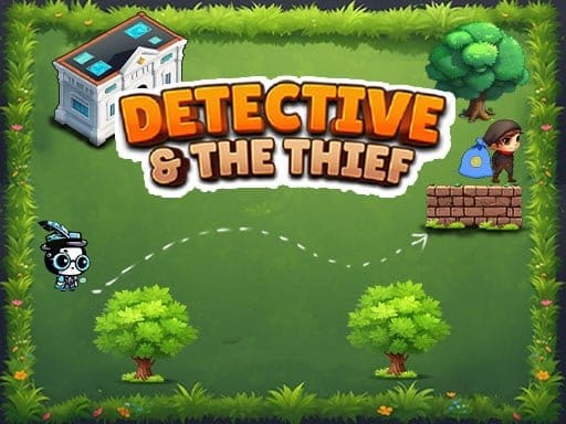 Image of the Detective & The Thief game thumbnail. It shows a cartoon-style detective plotting a path to catch a thief hiding behind a wall, all set against a vibrant green background with trees and a bank in the corner.