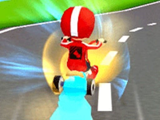 Image of a character in a red racing suit and helmet drifting around a sharp turn on a go-kart in the vibrant, fast-paced Drift At Will game. The glowing blue trail behind the kart adds a dynamic sense of speed as it zooms along a winding road.