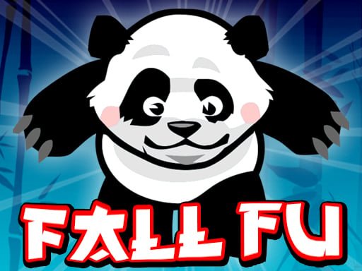 Image of a playful panda character with a determined expression, featured prominently against a dynamic, blue background. The panda's arms are outstretched, and it appears to be in mid-air, emphasizing the falling action. The game title, "Fall Fu," is displayed in bold, red and white text at the bottom, adding a sense of energy and excitement to the overall design. The background includes subtle bamboo elements, reinforcing the theme of the game.